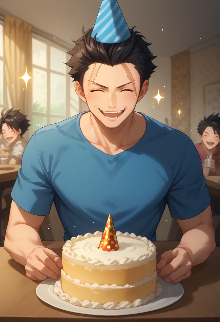 score_9, score_8_up, score_7_up, source_anime, rating_safe, sparkles effects, Siltail, scar on face, black hair, 1boy, male focus, closed eyes, casual clothes, party hat, open mouth, wide smile, teeth, upper body, hands with five fingers, happy birthday, cake on table, simple patterned background, cute wallpaper, happy-cheery,