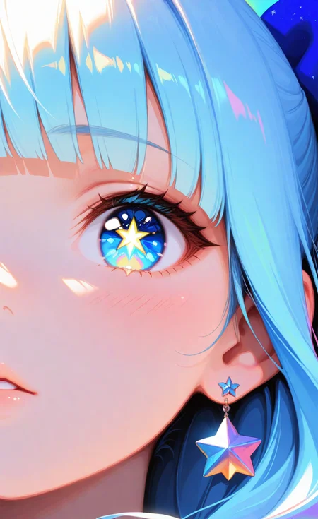 masterpiece,best quality,amazing quality, (Perfect details),(****), 1girl, solo, long hair, blue eyes, blue hair, multicolored eyes, looking at viewer, blush, parted lips, hair ornament, bow, jewelry, hair bow, earrings, blunt bangs, star \(symbol\), star-shaped pupils, symbol in eye, star in eye, close-up,portrait, eye focus, Colorful themes,High Saturation, haiz_ai, no lineart,no outline,  <lora:people's_work:1>