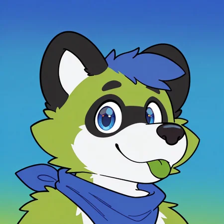best quality, amazing quality, high resolution, masterpiece, very aesthetic, absurdres, newest, simple art, furry, furry male, anthro, ((outlines, flat colors)),
syuro, chun13, zuppu11, (((detailed eyes)), blue background, gradient background, smile, half open eyes, (((green tongue, blep))), looking at viewer, (((portrait, dynamic face))), blue bandana, (((contrast, colorful))), ((single angle)),
lim3, ((((tanuki, raccoon dog)))), ((black eyeliner, black eyebrows)), (((green body, white fur))), (((better quality))), black ears, white inner ear, black nose, blue hair, blue eyes,
ear ring, ear piercing, nose piercing, nose ring, gold piercings