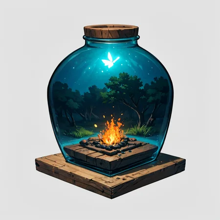 otherworldly, hexagonal composition, glass jar, wooden table, fireflies, night, outdoors, simple background <lora:hexagon_composition_03:0.6>