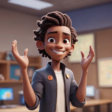 3D character ((Luke Youngblood   :1.2) as Magnitude), from the tv series community, (caricature:0.2). bokeh, professional, 4k, highly detailed (Pixar Render, CGI Animation, Disney:1.2)  <lora:SamaritanEsdxl:0.45>, classroom background, (infectiously enthusiastic with an eager smile:1.2), (both arms up:1.2) (hands flat up in the air:1.2) age 17, teenager