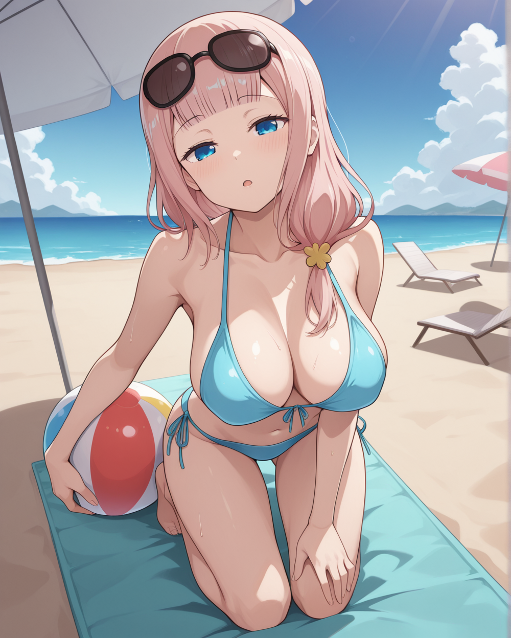 masterpiece, best quality, fujiwara_toyomi, 1girl, fujiwara_toyomi (kaguya-sama wa kokurasetai ~tensai-tachi no renai zunousen~), pink hair, blue eyes, looking at viewer, blunt bangs, hair over one shoulder, large breasts, motherly side plait, <lora:Fujiwara_Toyomi_Kaguya-sama_Love_Is_War_Illustrious:1>, beach, bikini, beach ball, holding ball, collarbone, side-tie, sea, lounge chair, kneeling, towel, beach umbrella, sunglasses on head,