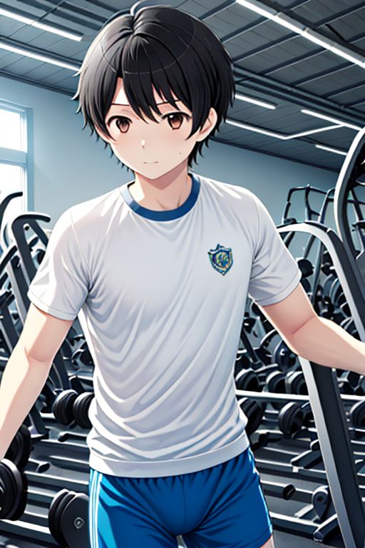 high resolution, solo, best quality, 1Boy, Inaho Kaizuka, Black hair, Brown Eyes, Working out, gym, exercise, exhaust, OverallDetail