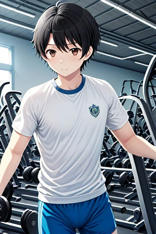 high resolution, solo, best quality, 1Boy, Inaho Kaizuka, Black hair, Brown Eyes, Working out, gym, exercise, exhaust, OverallDetail