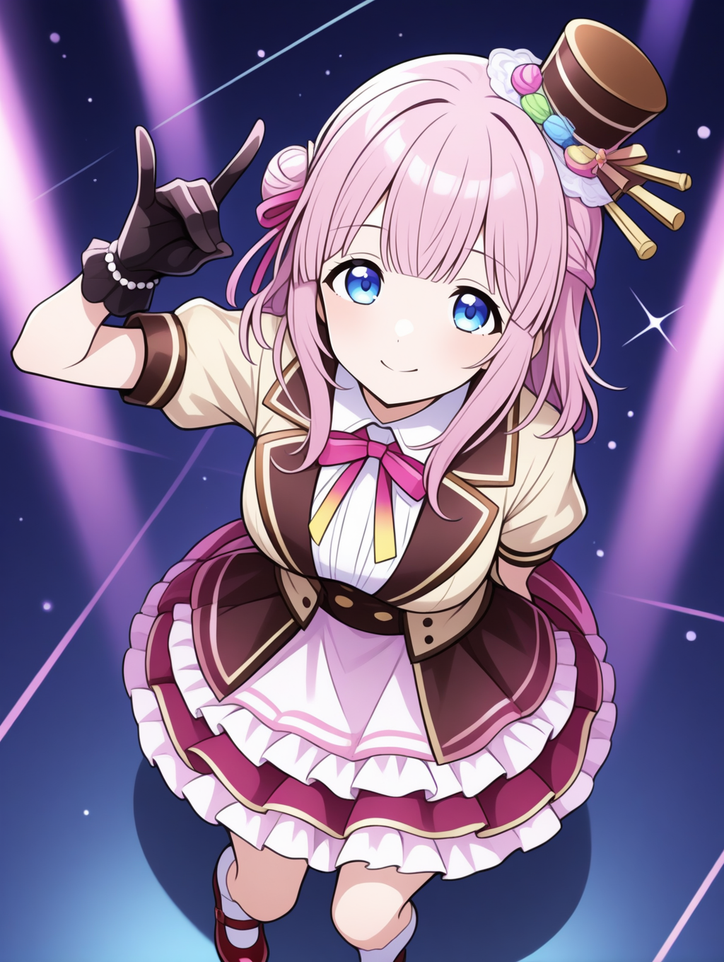 perfect quality,best quality,absolutely eye-catching,ambient occlusion,raytracing BREAK
1girl,<lora:miki utahosi IL v1.1:0.8>,utahosi,pink hair,medium hair,blue eyes,hat,hair ornament,idol,alternate costume,short sleeves,frilled skirt,kneehighs,mary janes,black gloves,solo,, from above, looking at viewer,portrait,leaning_on_object,double_fox_shadow_puppet,arm_behind_back,straddling,