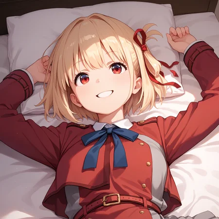 score_9, score_8_up, score_7_up, score_6_up, score_5_up, score_4_up, BREAK source_anime, 1girl, solo, bedroom, on bed, close up, smiling, on back, masterpiece, best quality, high detailed skin, nishikigi chisato, chisato school, short hair, blonde hair, hair ribbon, red eyes, lycoris uniform, two-tone dress, red dress, pleated dress, neck ribbon, belt,