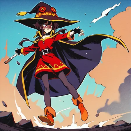 score_9, score_8_up, score_7_up,score_6_up, score_5_up, score_4_up,source_anime,retro artstyle,halftone effect,epic,intricate linework,1girl,solo,full body,megumin,bodycon,witch hat,dress,outdoors,explosion,shaded face