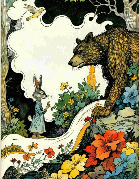 <lora:chzcat:1>, Picture a wacky woodland where trees sway to the rhythm of giggles, flowers bloom in every color imaginable, and thereâs always a pot of golden honey bubbling somewhere nearby. In this magical place, our sneaky rabbit hides behind a GIANT bush shaped like a fluffy cloud while plotting his next prank on the poor unsuspecting bear. Add details about how the wind carries whispers of 'fire!' through the air, making leaves rustle nervously, and birds chirp in confusion