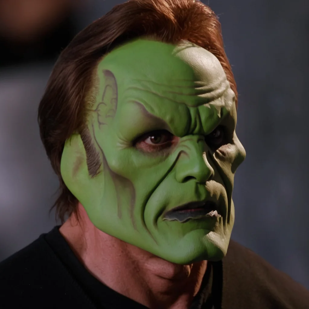 detailed high quality photo of a man with a (((green head))) and brown hair, the_mask, <lora:BigHeadMask_V1_Dorian_SDXL:0.7>