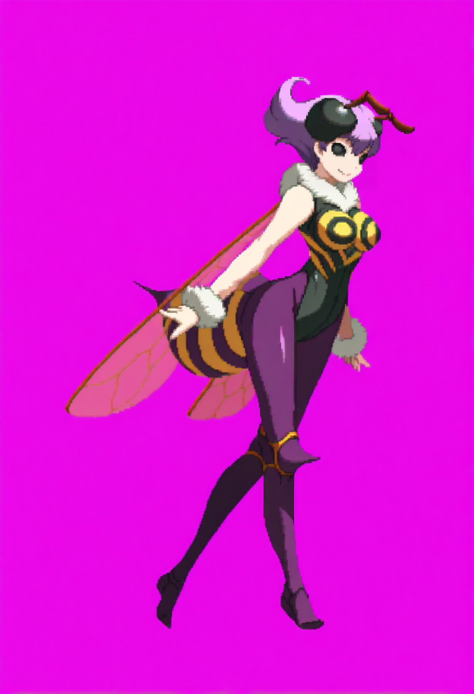 masterpiece, best quality, solo, 1girl, smile, looking at viewer, <lora:Dengeki_Bunko-illus_Fp:1>, full body, pixel art, simple background, <lora:Qbee-illus_Fp:1>, qbee, arthropod girl, antennae, short hair, purple hair, black eyes, insect wings, leotard, purple pantyhose, fur collar, fur cuffs,