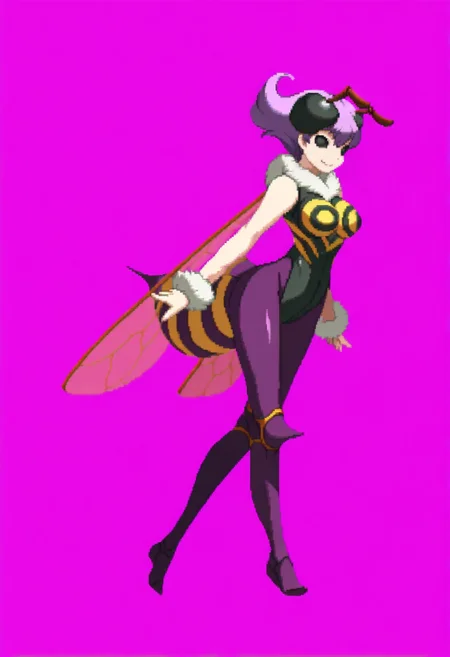 masterpiece, best quality, solo, 1girl, smile, looking at viewer, <lora:Dengeki_Bunko-illus_Fp:1>, full body, pixel art, simple background, <lora:Qbee-illus_Fp:1>, qbee, arthropod girl, antennae, short hair, purple hair, black eyes, insect wings, leotard, purple pantyhose, fur collar, fur cuffs,