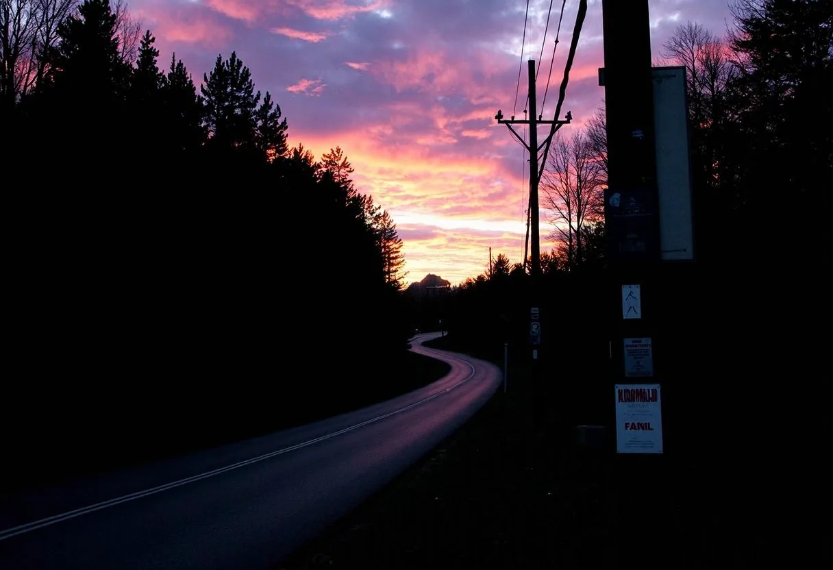 Sunset over a winding road, silhouetted trees lining both sides of the path, creating a natural tunnel effect. The sky is a dramatic mix of pink, orange, and dark blue hues, clouds partially obscuring the vibrant colors. The road curves gently to the left, its surface slightly reflective, suggesting recent rainfall. A wooden utility pole stands on the right with various signs and notices affixed to it, adding an element of rural roadside character. The image is underexposed, capturing the rich contrast between the vivid sky and the darkened landscape, wide angle lens.,