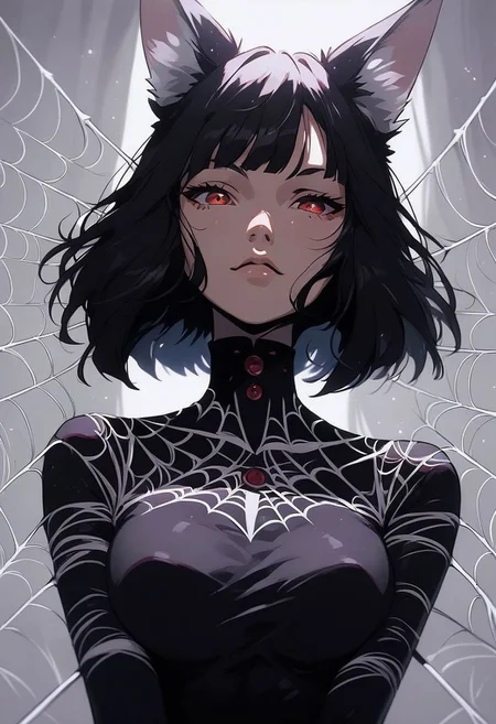 score_9, score_8_up, score_7_up, source_cartoon, looking at viewer, hourglass figure, face focus,
1 girl, solo girl, fox girl, fox ears , pretty face, cute girl, large breasts, black hair, short hair, red eyes, arachne, long black nails
spider webs,
black liquid dress, cowboy shot,