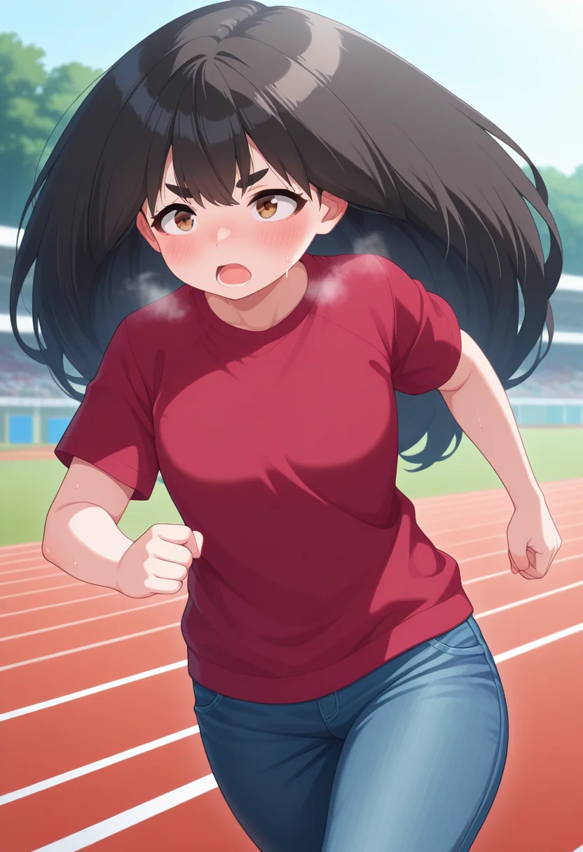 masterpiece, best quality, amazing quality, absurdres, 1girl, solo, sakurakoww, brown eyes, black hair, long hair, big hair, thick eyebrows, t-shirt, jeans, <lora:Umeyashiki_Sakurako_Me_and_the_Alien_MuMu_ill:0.9>, looking ahead, serious, blush, open mouth, heavy breathing, steaming body, sweat, sweatdrop, running, outdoors, day, track and field, skindentation, detailed clothing folds, depth of field, sharp, high contrast, dynamic light