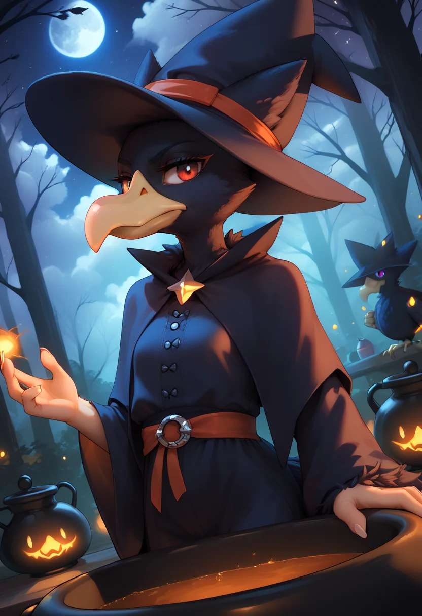 score_9, score_8, score_7, score_6, source_anime, dark forest, night sky, star \(sky\), dutch angle, 
BREAK
1girl, (murkrow, pokemon (creature), avian, anthro, red eyes), looking at viewer, witch hat, witch robes, cauldron, green smoke, serious look, <lora:IncaseLycoXL:0.6> <lora:PersonalAmi_PonyXL:0.5> <lora:Pony Detail Tweaker V2.0:5> <lora:POKEMON_MURKROW:1>