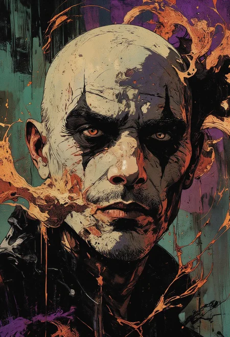 (cksc, highly detailed, hyper realistic) This digital painting depicts an intense, atmospheric portrait featuring a surreal 50-year-old man mime artist. The extreme close-up captures his full face, including his bald head, deeply textured with subtle wrinkles and fine skin details. He wears joker makeup — his face stark white, smooth, and matte, with exaggerated black paint around both eyes. Bold streaks of crimson red and deep violet run down from one eye like smeared paint, creating an unsettling contrast. His thin pencil mustache sharply frames his upper lip, while his lips are painted black, precisely outlined, slightly parted to reveal a hint of metallic silver teeth. Fine black lines enhance the contours of his brows and facial structure, amplifying his theatrical expression. Abstract streaks of indigo, copper, and metallic gold flow across his cheeks and forehead, evoking motion and intensity. The bald head reflects soft gradients of deep maroon and shimmering bronze, blending seamlessly with the surreal background. The borderless backdrop dissolves into swirling textures — seamless flows of dark purple, emerald haze, and glimmering copper streaks radiate outward, immersing the figure in a boundless dreamscape. The painting is rendered with fluid, textured brush strokes, emphasizing emotional depth, surreal beauty, and the haunting presence of the aged, bald mime.