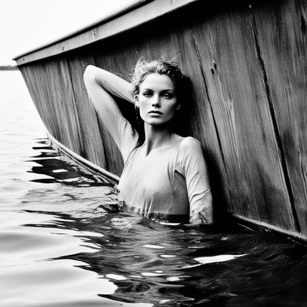 likely a lake or ocean. She is partially submerged, with one arm stretched up and holding onto the edge.  The composition of the image creates a striking contrast between the her form and the surrounding water. Her skin tone stands out against the dark shades of the boat and the rippling water. The background is slightly blurred, leaning against a weathered wooden wall or fence. She has disheveled, likely a model, The image depicts a woman