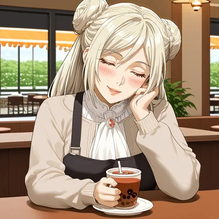 solo, 1girl, Elentzia_TR, pale blonde hair, braided bun, closed eyes, head tilt, cafe, sitting at table, drinking tea, facing viewer, happy, blushing, absurdres, 4kres, source_anime, score_7_or_higher, csr style, mammoth_metal_style