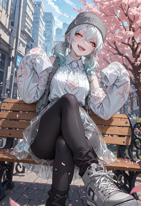 (masterpiece, best quality, newest, sharp focus, dynamic-pose, depth of field), 1girl, long nails, baby blue nails, full body, (posing, park bench, legs crossed, front angle view, low angle view:1.2), gh0stmiku, pale skin, gradient hair, aqua hair, white hair, hair between eyes, twintails, yellow eyes, grey shirt, sleeveless shirt, white necktie, detached sleeves, print sleeves, sleeves past fingers, see-through skirt, bare shoulders, glitch, beanie, long sleeve shirt, tucked shirt, gray backpack, black leggings, loose socks, sneakers, open mouth, smug, city, school, campus, park, spring Trees, sakura trees, cherry blossom petals, beautiful background, detailed background, god-rays, cartoon, haiz_ai, flatline, flat vector illustration