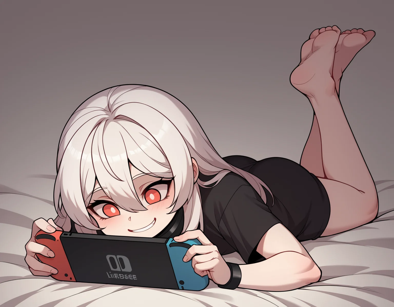 zPDXL2, score_9, score_8_up, score_7_up,
1girl, , solo, <lora:House-24:1> LiebeHouse, child, white hair, red eyes,long hair, slave metal collar, flat chest
oversized clothes,black t-shirt, bike short,
on stomach, smile, happy, play nintendo switch,