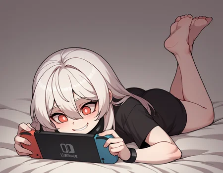 zPDXL2, score_9, score_8_up, score_7_up,
1girl, , solo, <lora:House-24:1> LiebeHouse, child, white hair, red eyes,long hair, slave metal collar, flat chest
oversized clothes,black t-shirt, bike short,
on stomach, smile, happy, play nintendo switch,