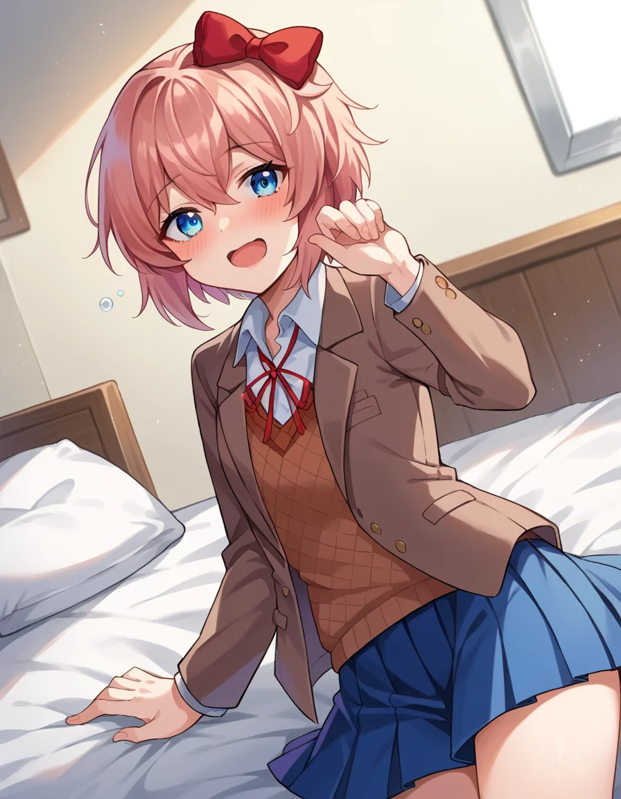score_9, score_8_up, score_7_up, source_anime,
ddlcsayori, <lora:ddlc-sayori-ponyxl-lora-nochekaiser:1>
ddlcsayori, blue eyes, hair between eyes, hair bow, hair ornament, pink hair, red bow, short hair,
blue skirt, pleated skirt, school uniform, skirt, brown jacket, jacket,
indoors, bed, bed room, on side, blush, drunk,
looking at viewer, dutch angle, cowboy shot,