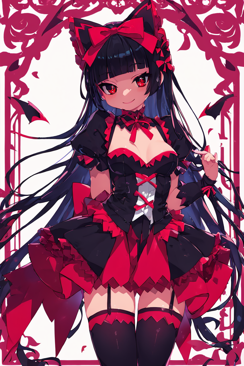 score_9, score_8_up, score_8, medium breasts, (curvy), cute, eyelashes,       BREAK, ,   zzRory, red eyes, long hair, black hair, blunt bangs, hime cut, very long hair,   hair ribbon, black dress, black thighhighs, garter straps, bow,  <lora:Rory_Mercury_PDXL:0.8>,   , BREAK, smile, looking at viewer, cowboy shot, ,,, embedding:zPDXL, Expressiveh, ,,, <lora:Zankuro_Style_PDXL:0.8> <lora:SDXLFaeTastic2400:0.5>, <lora:Expressive_H-000001:0.4>,