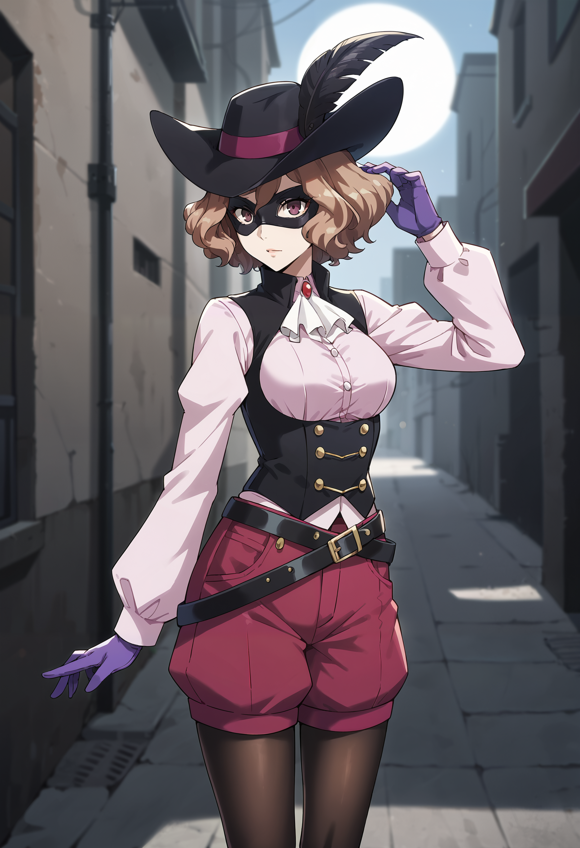 score_9, score_8_up, source_anime
1 girl, solo, cute face,
p5haru, brown hair, short hair, wavy hair,
p5haru-noir, hat, hat feather, domino mask, ascot, pink shirt, long sleeves, vest, underbust, magenta shorts, puffy shorts, legwear under shorts, black pantyhose, purple gloves, belt, bandolier,
outside, cowboy shot, dark, nighttime, alley, street, shadows, full moon, starlight, dramatic pose,
masterpiece, best quality, ultra detailed,