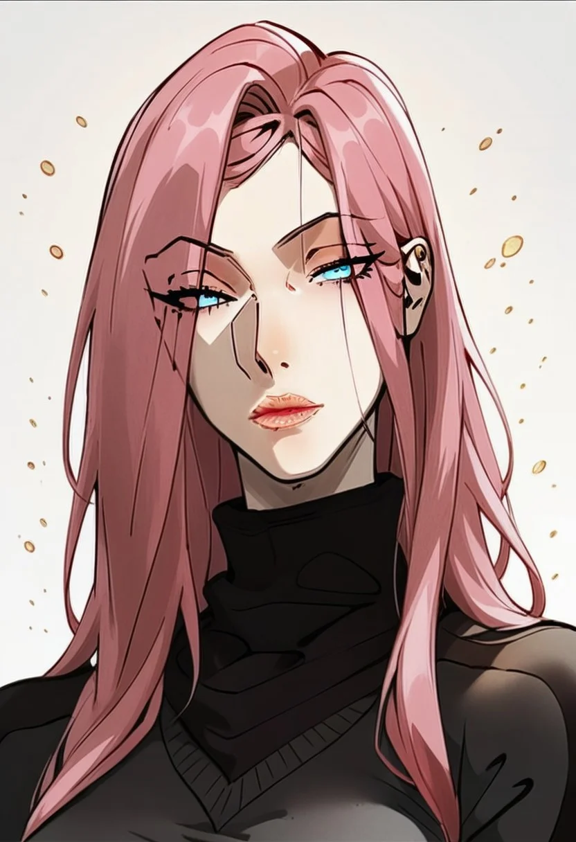 (score_9, score_8_up, score_7_up, score_5_up, score_5_up), Expressiveh, detailed face, longshuyun, 1gir, pink hair, long hair, blue eyes, eyes visible through hair, makeup, lipstick, large breasts, black sweater, turtleneck, masterpiece, best quality, portrait, white background, head tilt, looking at viewer, facing viewer, dynamic angle, golden light,light particles