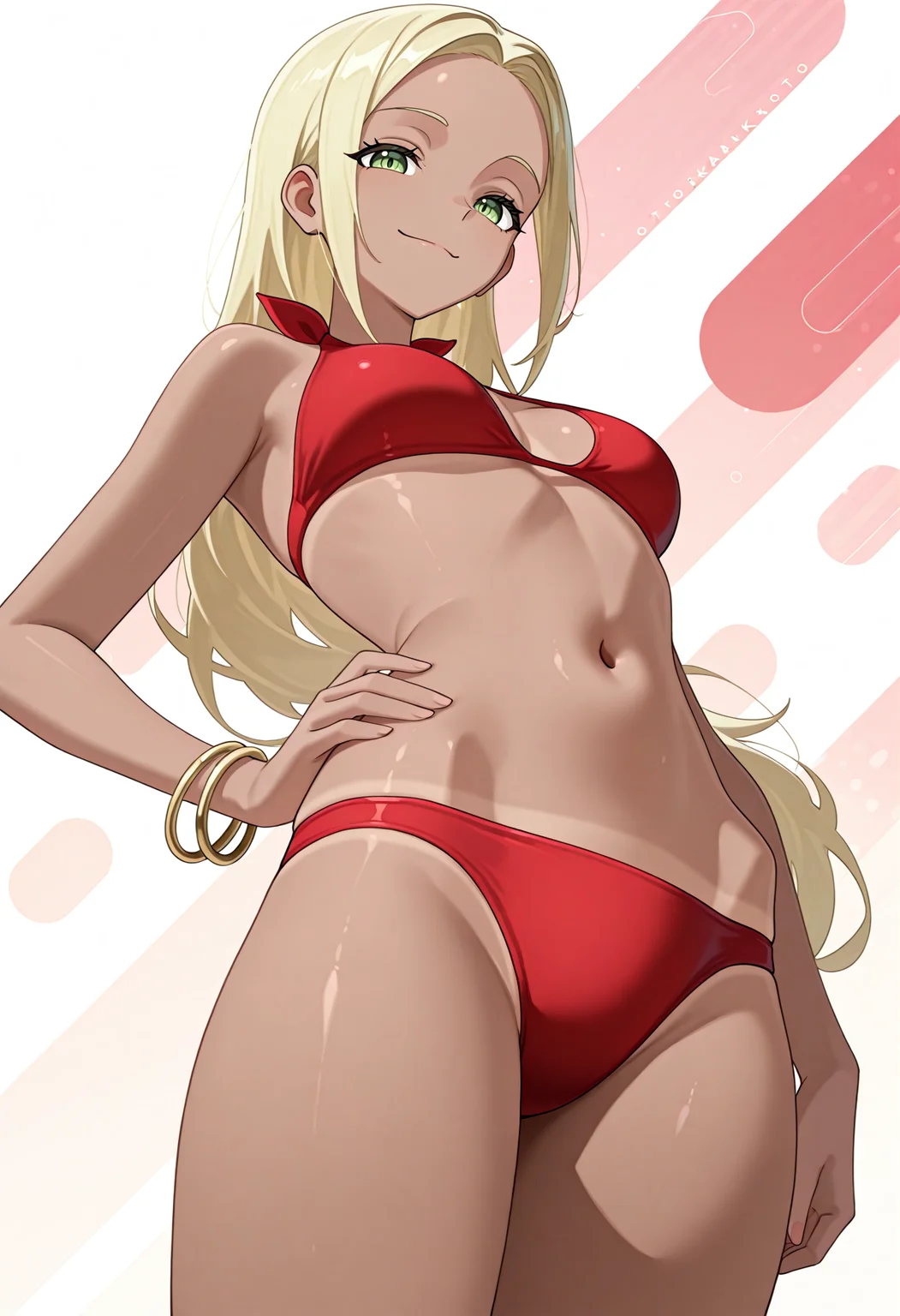 otokakoto, 1girl, solo, xysw1mmer, red bikini, gold bracelets, tan, hip bones, looking at viewer, smile, stomach, navel, cowboy shot, hand on hip, from below:0.4, abstract background, absurdres, newest, masterpiece, top quality, official art, best quality, <lora:Swimmer_PokemonXY:1> <lora:otokakotostyleIL:1>