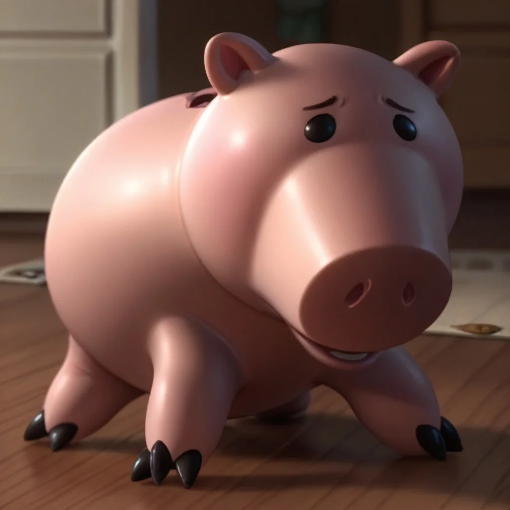 score_9, score_8_up, score_7_up, hamm, 1boy, male, furry male, solo, pig, piggy bank, pink body, black eyes, no sclera, coin slot, cork, 3 toes, standing, sad, on floor, indoors, living room