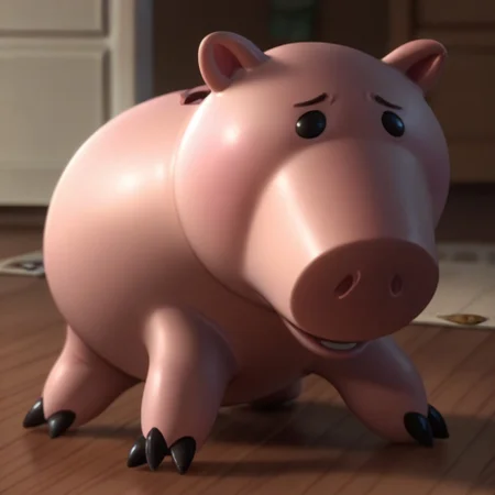 score_9, score_8_up, score_7_up, hamm, 1boy, male, furry male, solo, pig, piggy bank, pink body, black eyes, no sclera, coin slot, cork, 3 toes, standing, sad, on floor, indoors, living room