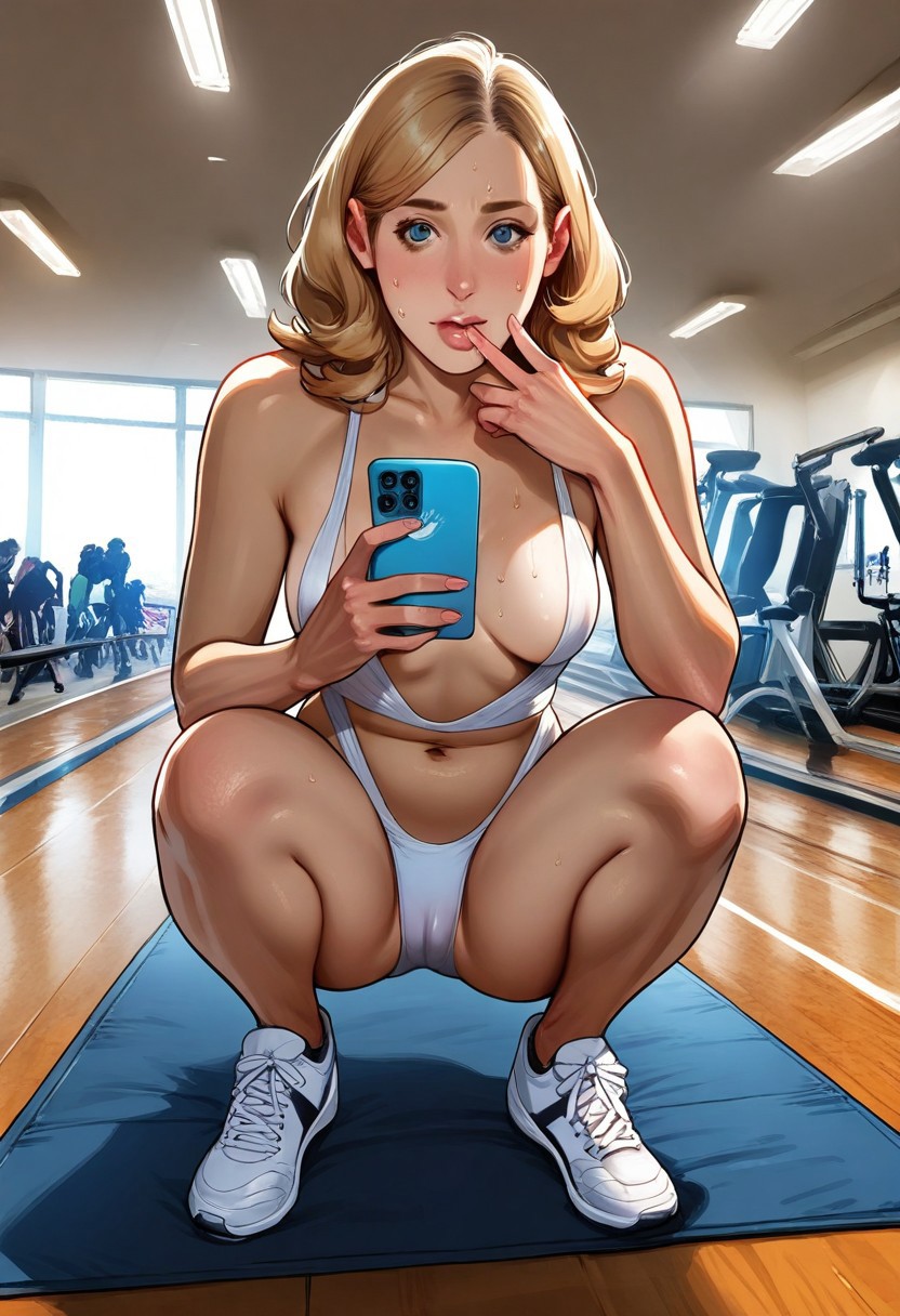 masterpiece, best quality, amazing quality, realistic, skin pores, real_skin,skin imperfections,BREAK,
1girl, solo,pretty,revealing running outfit, white clothes, (medium breasts), blonde hair, shoulder length hair,sneakers,(revealing clothes:1.2),cameltoe,BREAK,
squatting,  (moist),(sweat),wet,naughty,lewd,(mirk),BREAK
indoors, workout room,parquet, sport mat,treadmill,detailed background,(motivational posters),BREAK,
(low angle:1.2), looking at viewer,shot on smartphone, shadows,dim lighting