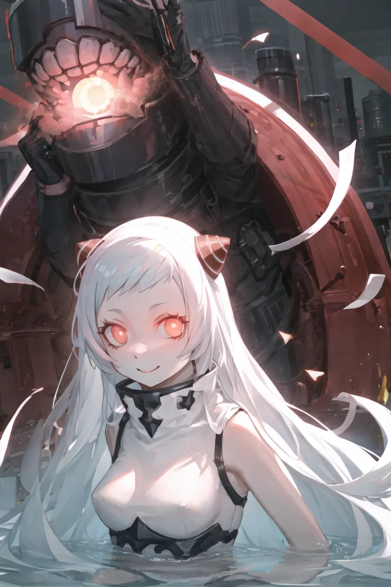 girl best quality, airfield princess, abyssal ship, upper body portrait, looking at viewer, 1girl, constricted pupils, evil smile, colored skin, white skin, horns, hairpods, glowing eyes, red eyes, long hair, white hair, (collar, high collar), medium breasts, bare shoulders, <lora:Airfield Princess:1>, dark skies, storm clouds, highly detailed illustration, promotional art, concept art
