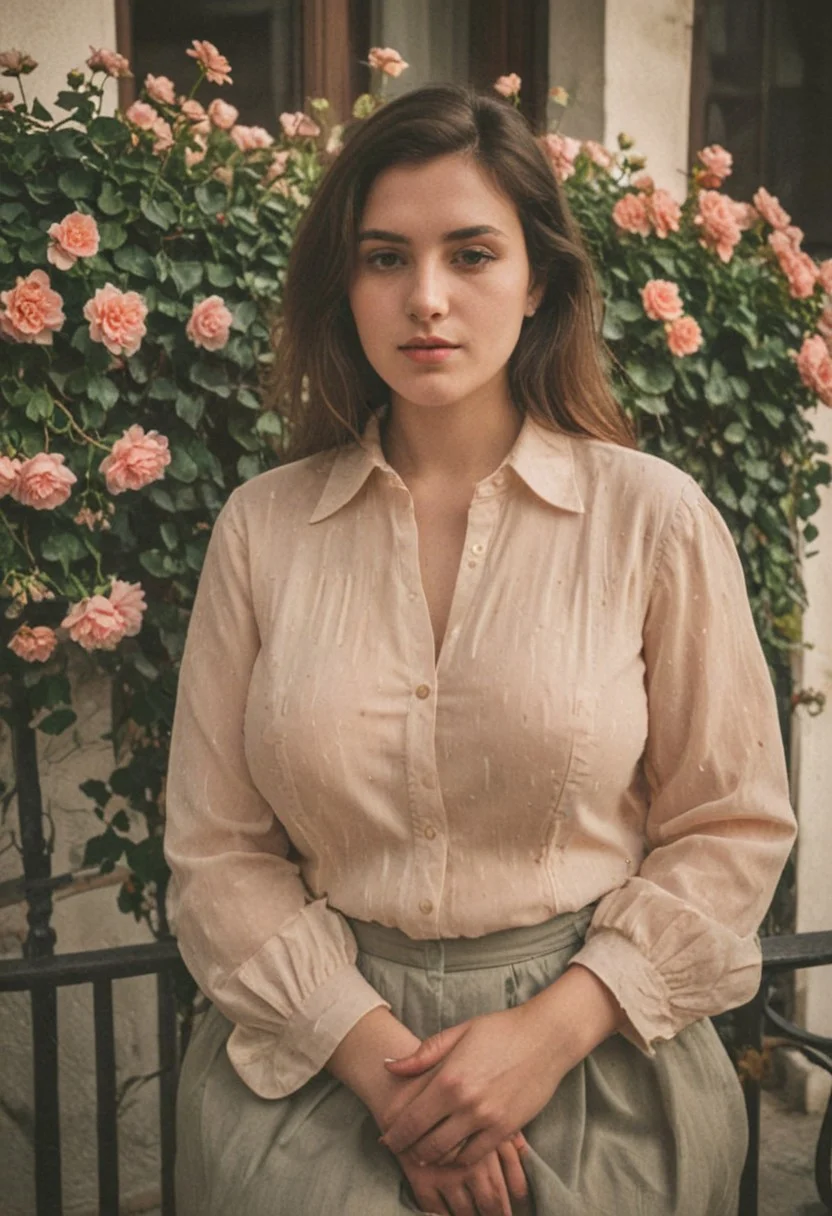 seductive (busty:2) European woman in her early 20s, unbuttoned blouse, sitting on a balcony with flowers at Amalfi coast, amateur photo, cinematic photo, intricate details, ambient lighting, natural lighting, low saturation, low contrast, sharpened face, hard focus, analog aesthetic, retro, vintage, scanlines, video noise, film grain, vignette effect, color bleeding, chromatic aberration, low resolution, retro color palette, faded colors