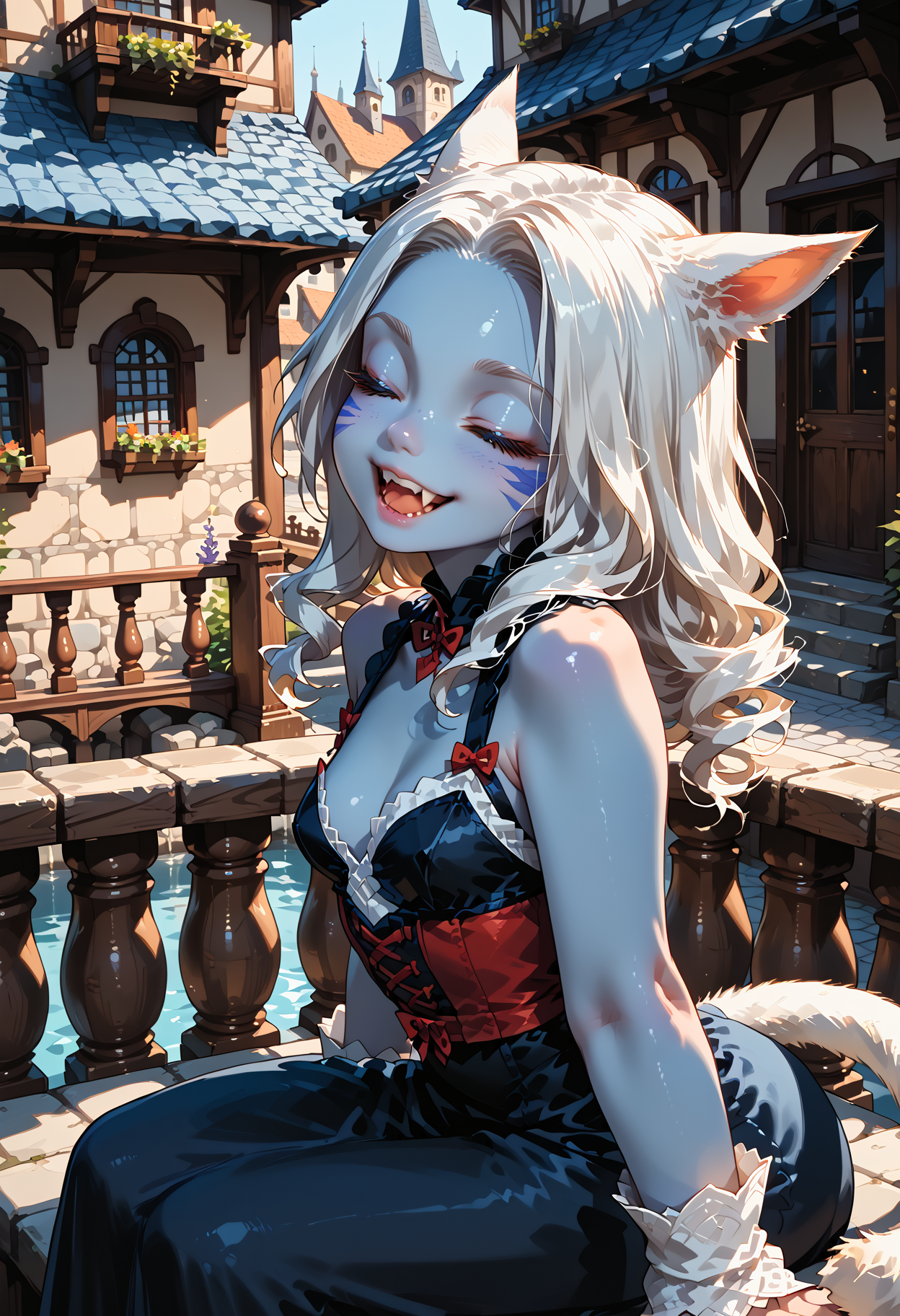 score_9, score_8_up, score_7_up, best quality, very aesthetic, final fantasy xiv, solo, 1girl, final fantasy xiv, (Reina55:1.0), young adult, petite, perfect detailed eyelashes, perfect nose, perfect closed eyes, perfect round medium breasts, colored skin, alternate skin color, light blue skin, looking at viewer, Expressiveh, happy, very long dress, arched back, sitting on balcony, revealing clothes, half-closed eyes, open mouth, (perfect teeth), smile, high angle, (over shoulder, back, from behind), high contrast shadows, perfect anatomy, zankuro, (painted sketch drawing background), medieval city, <lora:Pony\Z1Character\Reina55_-_Bounty_Edition:0.85>, <lora:Pony\Best\Expressive_H-000001>, <lora:Pony\Styles\zankuro.pony:1>