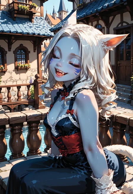 score_9, score_8_up, score_7_up, best quality, very aesthetic, final fantasy xiv, solo, 1girl, final fantasy xiv, (Reina55:1.0), young adult, petite, perfect detailed eyelashes, perfect nose, perfect closed eyes, perfect round medium breasts, colored skin, alternate skin color, light blue skin, looking at viewer, Expressiveh, happy, very long dress, arched back, sitting on balcony, revealing clothes, half-closed eyes, open mouth, (perfect teeth), smile, high angle, (over shoulder, back, from behind), high contrast shadows, perfect anatomy, zankuro, (painted sketch drawing background), medieval city, <lora:Pony\Z1Character\Reina55_-_Bounty_Edition:0.85>, <lora:Pony\Best\Expressive_H-000001>, <lora:Pony\Styles\zankuro.pony:1>