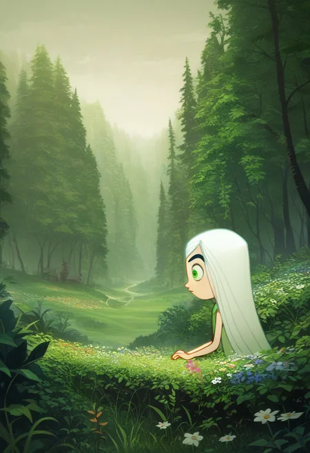 score_9, score_8_up, score_7_up, AislingF, white hair, very long hair, green eyes, black eyebrows, pixar style, outdoors, nature, plants, flower,