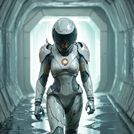 <lora:2020s_Sci-Fi_MovieSDXL:1> ArsMovieStill, Movie still from a 2020s Sci-Fi movie, The image shows a woman in a futuristic suit walking through a tunnel illuminated by lights on either side. She appears to be a cyborg with a metallic body and a helmet and is walking through the water., solo, helmet, 1girl, power suit (metroid), walking, samus aran, armor, power armor, science fiction, full body