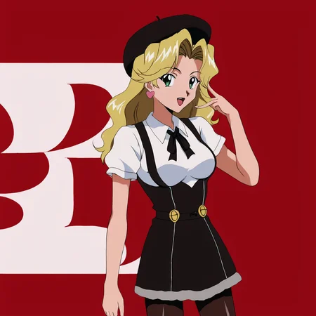 <lora:JudyCowboyBebop_pony_v1:.65> JudyCowboyBebop, 1girl, blonde hair, long hair, earrings, retro artstyle, green eyes, breasts, 1990s (style), cowboy shot,  <lora:camisole_pony_V1.1:0.6> camisole,shorts, <lora:0902 Home wear 5_v1_pony:1> ruanyi0902,beret,black ribbon,collared shirt,black pantyhose,high-waist skirt,white shirt,suspenders