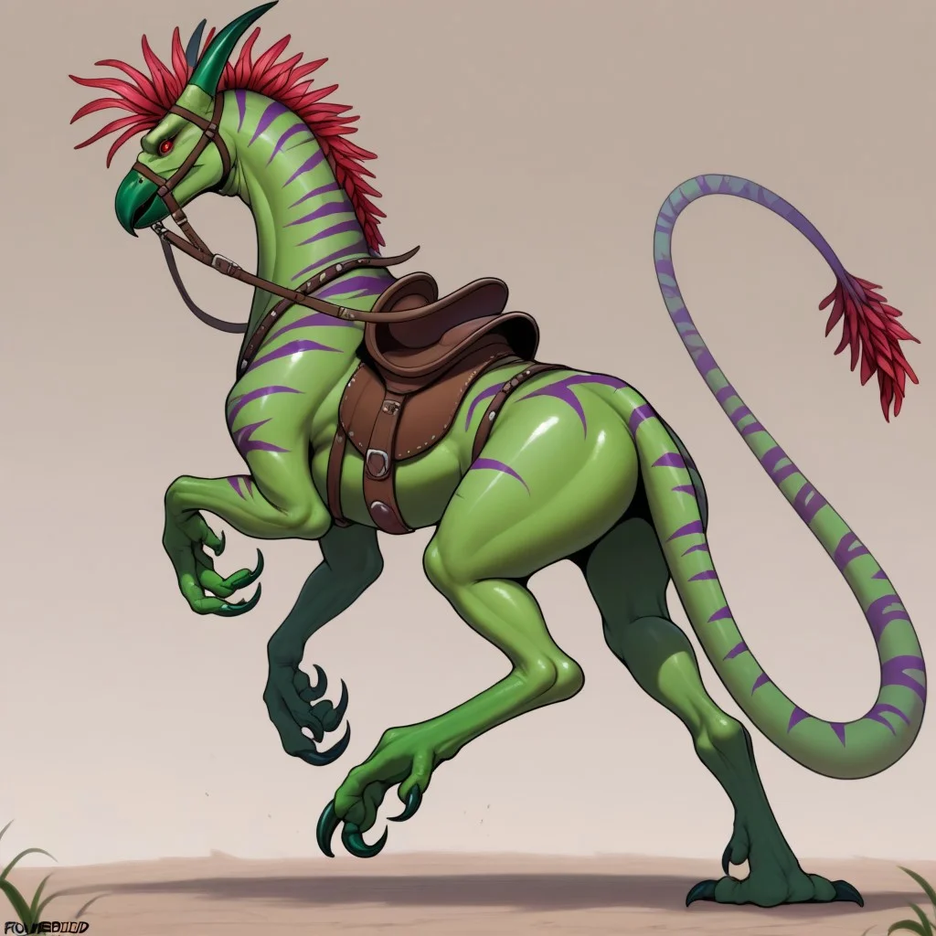 masterpiece, best quality, amazing quality, detailed, realistic, variety, back view, tail focus,
((Flowerbud-tipped tail, detailed flowerbud-tipped tail)),
Gaula, plant monster, horns, red eyes, claws, beak, gradient hair, green skin, purple  stripes, variegated stripes, green beak, sharp beak, long tail, tall, long legs, equine physique, thick body, thick haunches, claws, leaf mane along back, red eyes, red mane, saddle, bridle, reigns, stirrups, 4 legs, quadruped, claws, 
Rearing up, snarling,