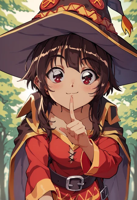 score_9,score_8_up,score_7_up,score_6_up,source_anime,<lora:Faux_Retro_XL:1>,megumin,1girl,dynamic_angle,close-up,leaning forward,upper body,from below,index finger raised,hand on hip,happy,standing,blush,looking at viewer,forest,magic,hat,