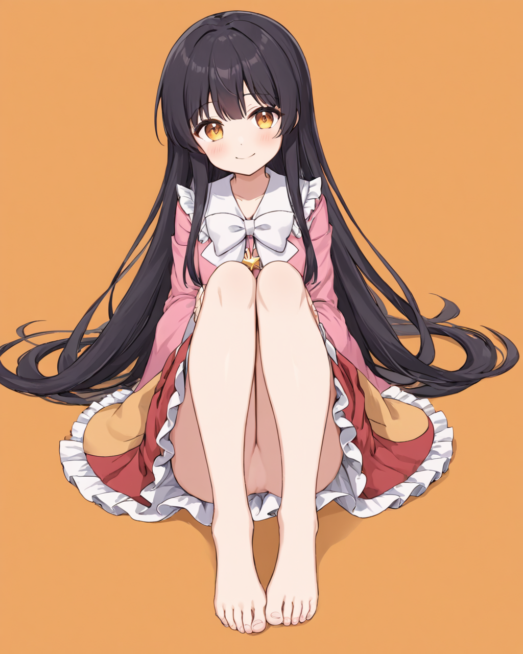 houraisan kaguya,1girl, solo, barefoot, feet, smile, toes, sitting, looking_at_viewer, long_sleeves, white_bowtie, red_skirt, orange_background, soles, full_body, bare_legs, sidelocks, pink_shirt, blush, yellow_background, wide_sleeves, hime_cut, closed_mouth, sleeves_past_wrists, arm_support, knees_up, convenient_leg, crossed_ankles, frilled_skirt
<lora:houraisan_kaguya_image2025_2023-12-14:1>,star-shaped_pupils,symbol-shaped_pupils,. gorgeous,key visual, vibrant, studio anime,award-winning, professional, highly detailed,high budget, cinemascope