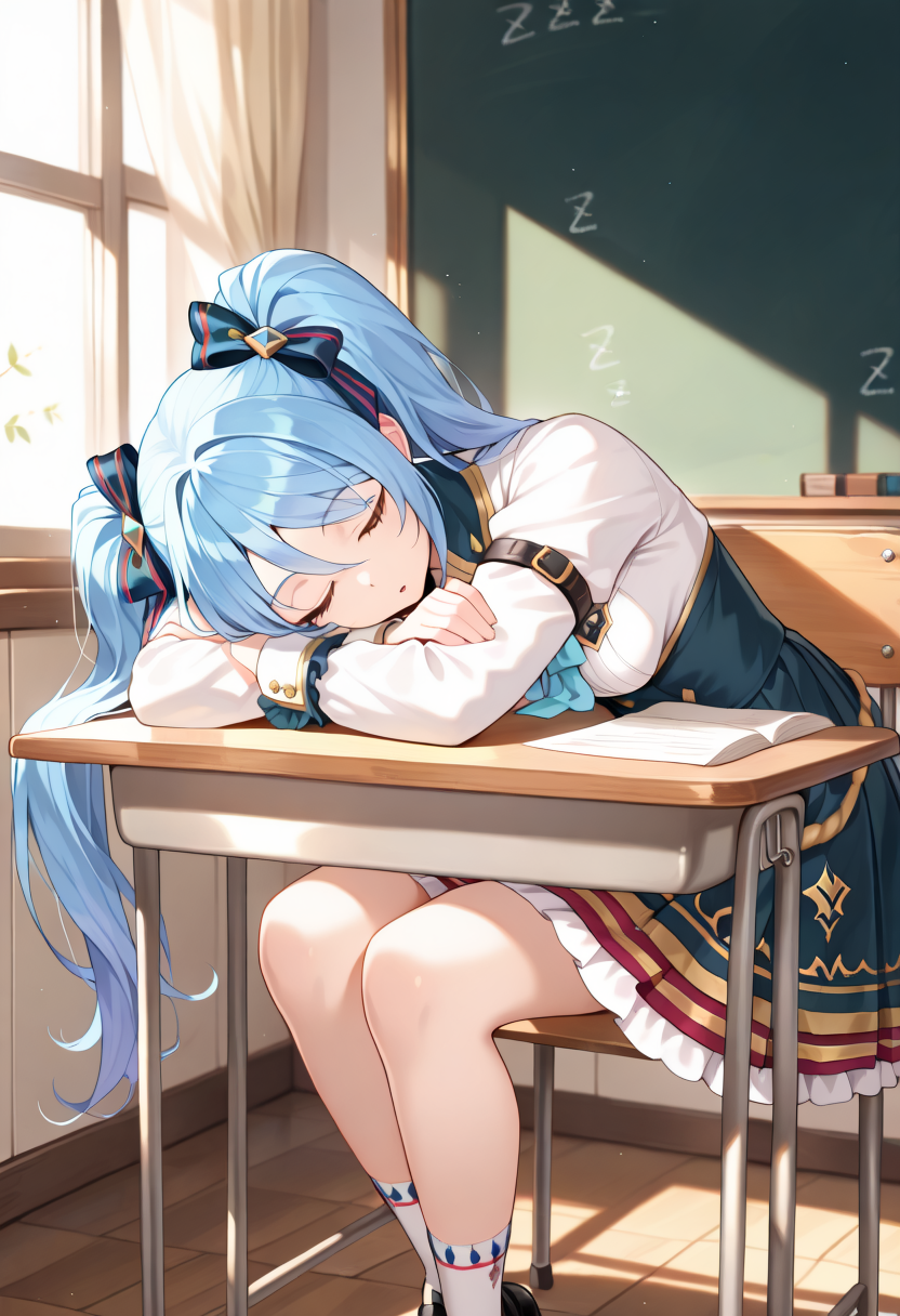 masterpiece, best quality,
KRSoniaSC, 1girl, solo, yellow eyes, blue hair, twintails, hair bow, black footwear, long hair, long sleeves,dress,white socks, arm belt, white shirt, layered skirt, blue ascot, high-waist skirt, frilled skirt, rope belt, white cuff, (schoolgirl sleeping on desk:1.3), (head resting on arms:1.2), (closed eyes:1.1), (school uniform:1.1), (disheveled hair:1.0), (sunlight through window:1.0), (classroom interior:1.0), (wooden school desk:1.0), (peaceful expression:1.1), (books and papers scattered:0.9), (chalkboard in background:0.9), (afternoon light:1.0), (quiet classroom:0.8), (soft shadowing:0.9), (relaxed mood:1.1)