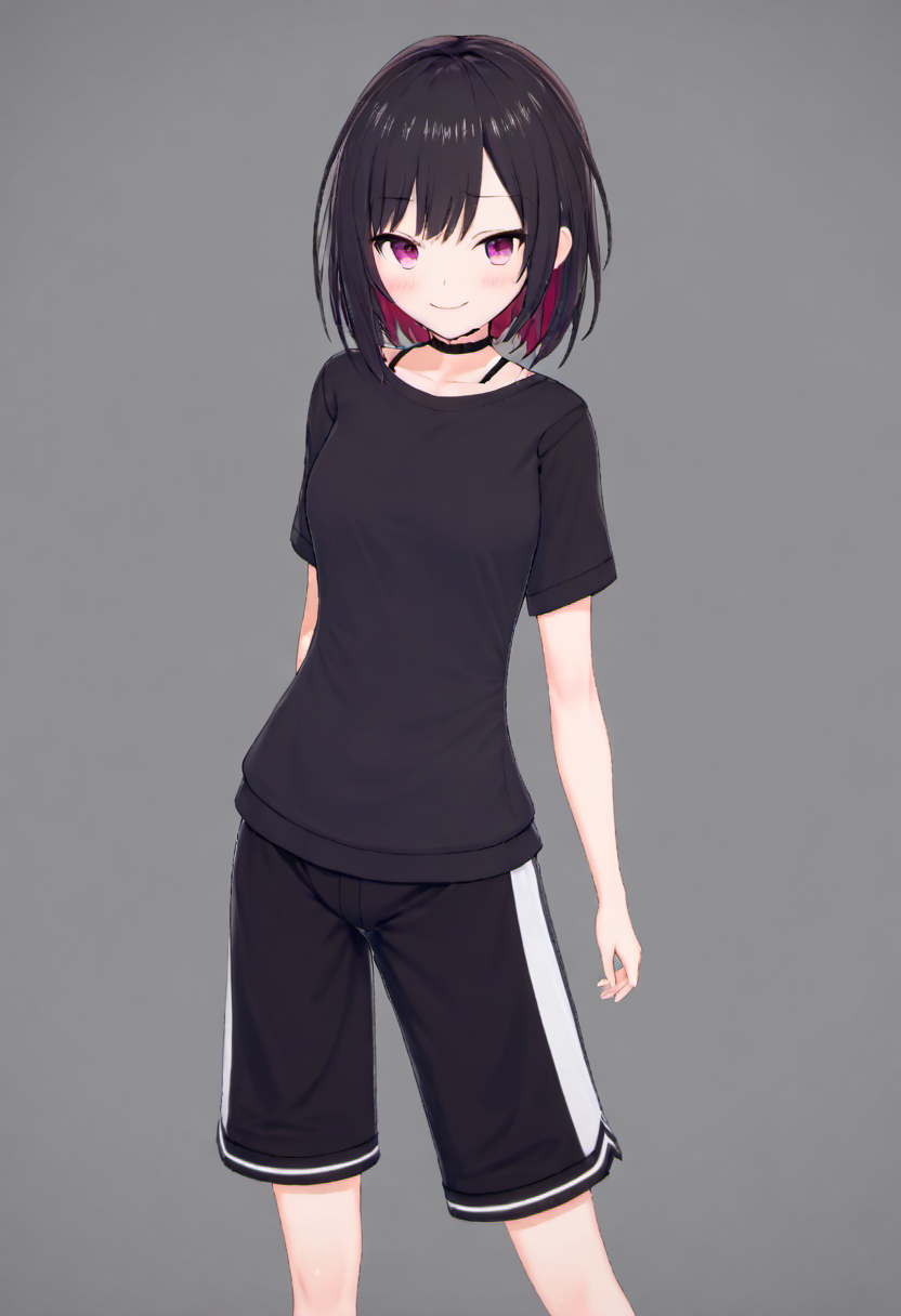 <lora:Rin_Rokuhara:.8>, Rin, 1girl, black shorts, wink, shirt, solo, full body, standing, looking at viewer, colored inner hair, black choker, simple background, grey background, medium hair, bangs, short sleeves, white shirt, smile, black hoodie