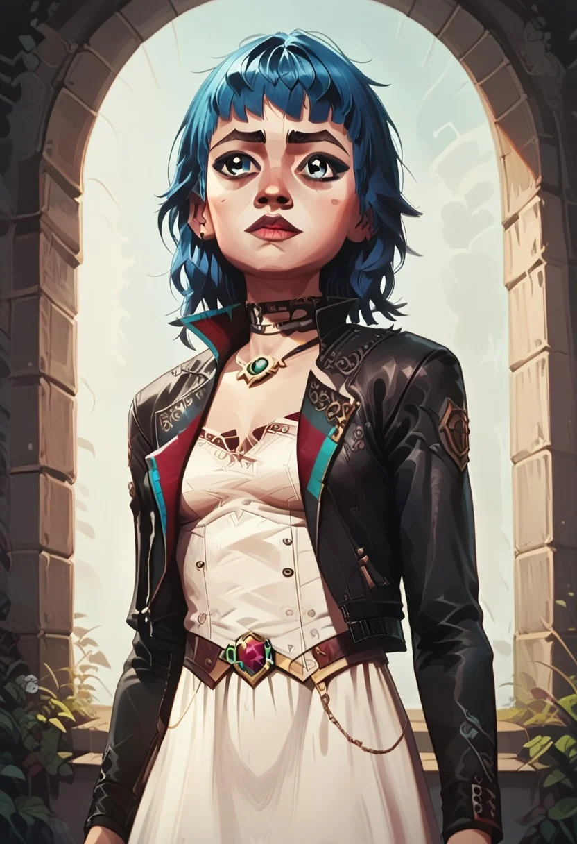 score_9, score_8_up, score_8_up, solo focus, solo, female focus, ArcaneEyesV1,
BREAK 1girl, PowderAltOutfit2, jacket, dress, cropeed jacket, black jacket, white dress, bangs, blue hair, blue eyes,