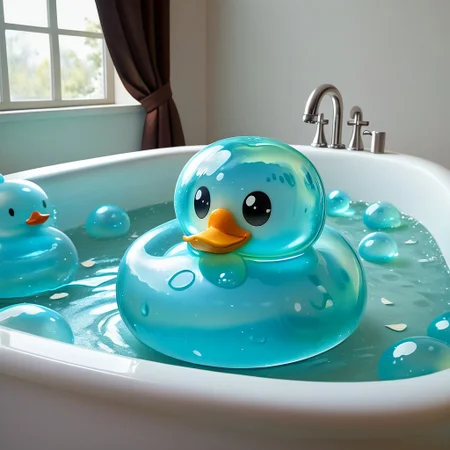 {1rubber duck, 1 rubber duck made out of slime, (slime rubber duck:1.5), yellow slime body, orange slime beak, glossy black eyes, translucent slime rubber duck, transparent slime rubber duck}
hud_sp_bth, flower, petals, water, bath, in an elegant bath tub, bubbles made out of slime, slimes hiding in the bath bubbles, bubble bath, perspective from inside tub, prespective from inside bath,
everything made of slime, No simple background,
((translucent slime)), ((transparent slime)), (bioluminescent slime), sl1m3d, slime, slime-morph, saturated colors, no humans, no people,