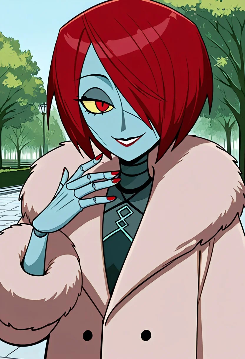 1girl, score_9, score_8_up, score_7_up, Ula, Red Hair, Short Hair, Yellow Sclera, Red Eyes, Hair Over One Eye, Colored Skin, Coat, Fur Coat, Red Nails, Blue Skin, Joints, Outdoors, Park, looking at viewer, lowered eyelids, polite smile, detailed, masterpiece