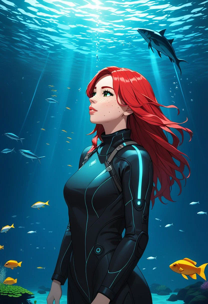 Duskfallcrew Art Style, 1girl, solo, long hair, looking at viewer, green eyes, red hair, parted lips, water, lips, leaf, looking up, monster girl, partially submerged, freckles, fish, underwater, air bubble, oceanscape, , cyberpunk, soft lighting, best illustration, cinematic angle, cinematic lighting, masterpiece, official art,