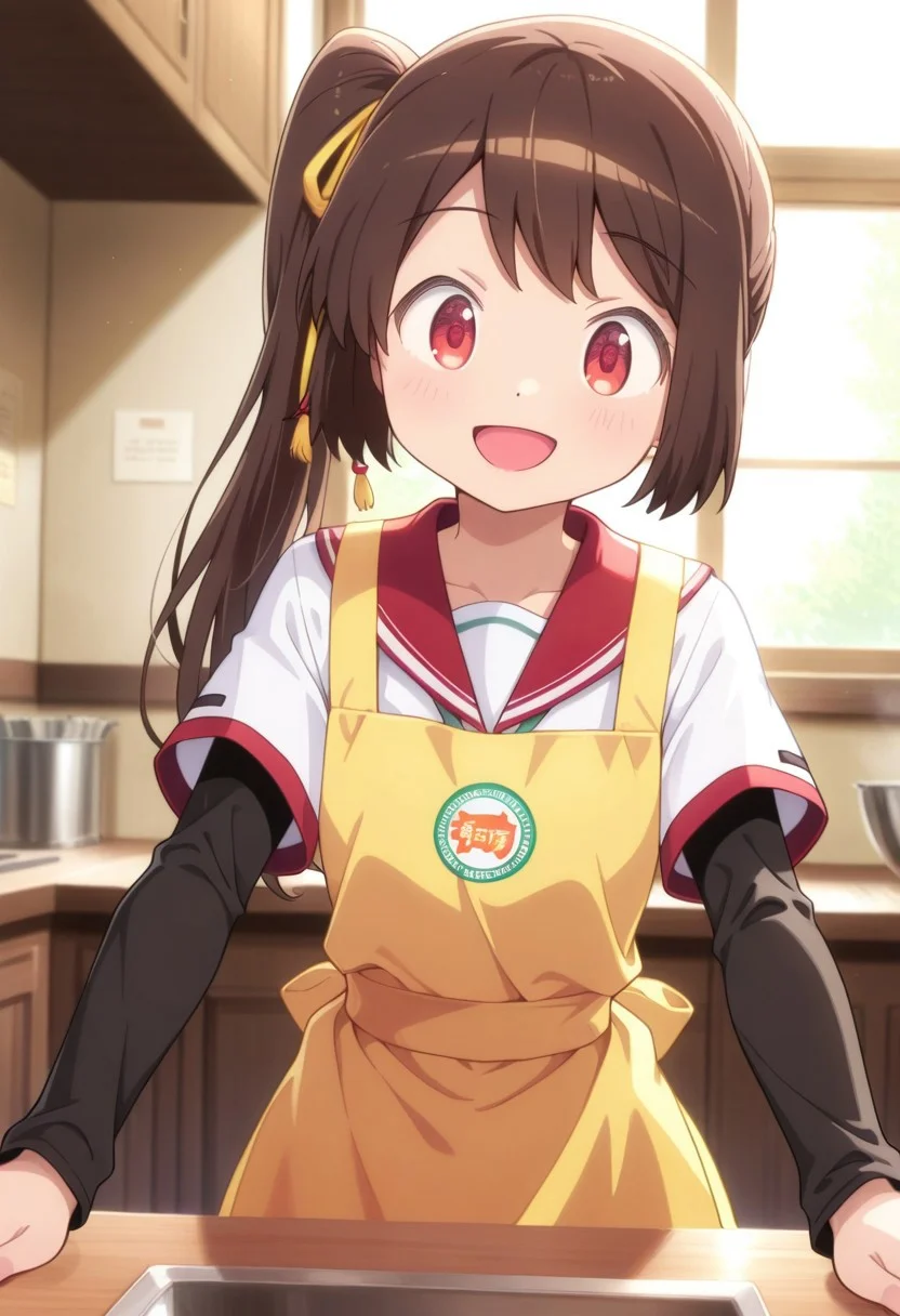 masterpiece,best quality,amazing quality, tsuruno yui, brown hair, red eyes, long hair, side ponytail, 1girl, layered sleeves, short over long sleeves, red sailor collar, solo, dot nose, school uniform, serafuku, smile, sailor collar, indoors, long sleeves, apron, open mouth